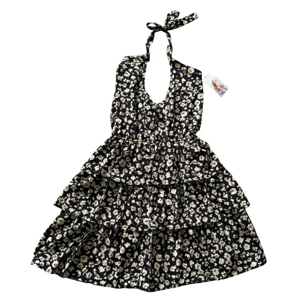 Prettygarden Womens Black Floral Halter Tiered Ruffle Dress M Cottagecore Party - Picture 4 of 8